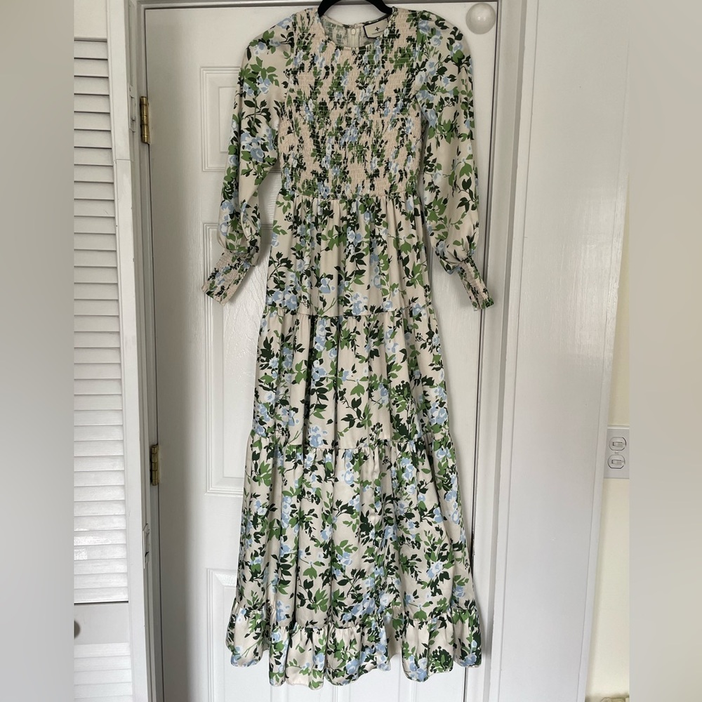 Tuckernuck - Beige w/ Blue & Green Floral Print Smocked Dress Sz XS - Picture 12 of 15